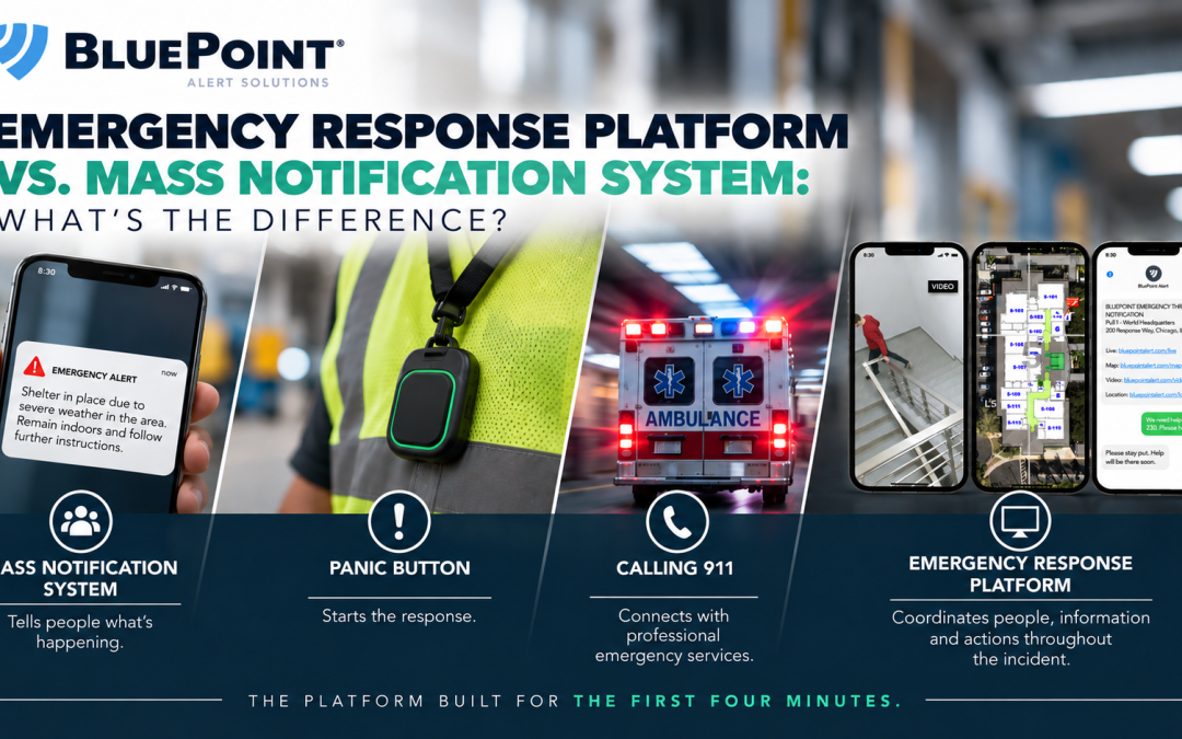 BluePoint Alert Solutions infographic comparing a mass notification system, panic button, calling 911, and an emergency response platform