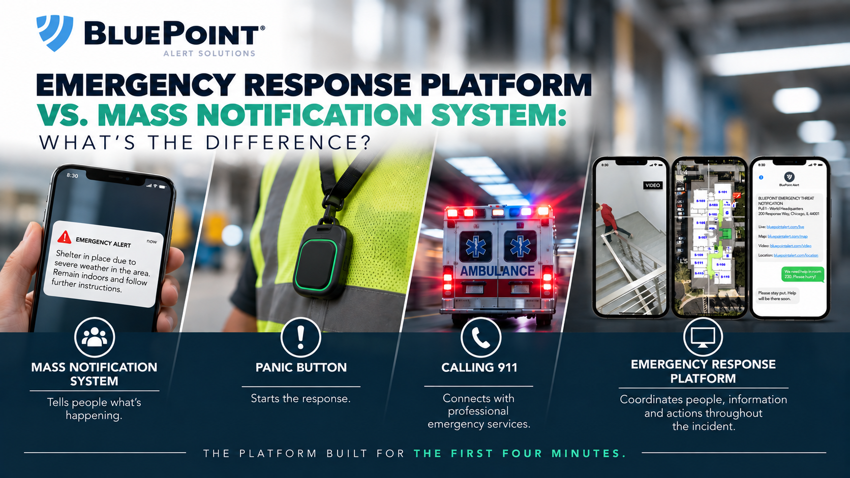 BluePoint Alert Solutions infographic comparing a mass notification system, panic button, calling 911, and an emergency response platform